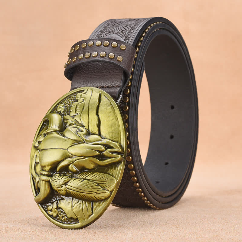 Men's Bull Head Buckle Rivet Decor Leather Belt - Coffee - 44 - image 1