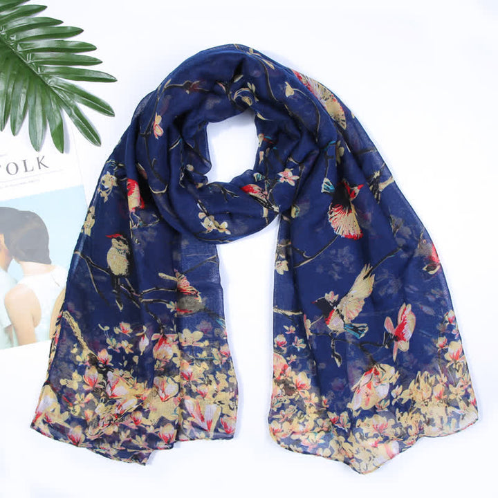 Women's Lightweight Blooming Floral Birds Scarf - Navy - image 12