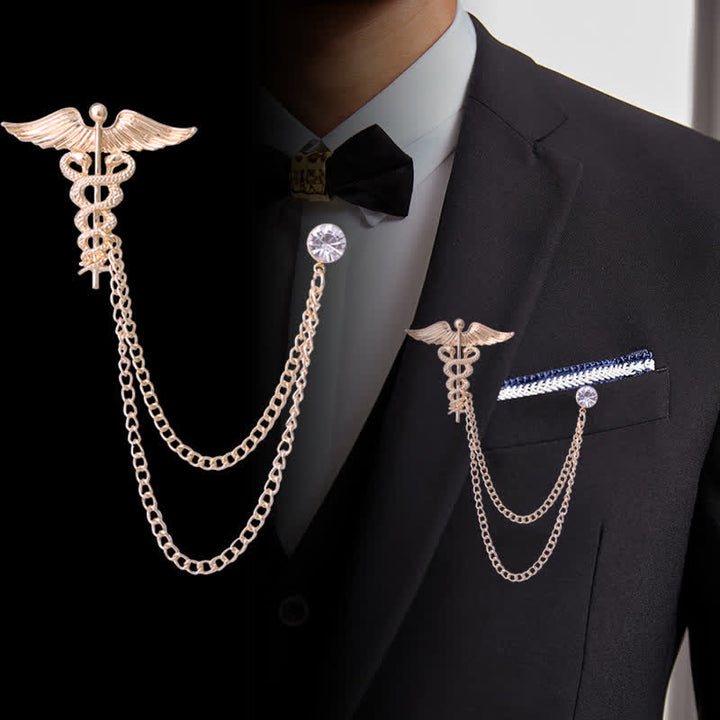 Men's Caduceus Double Snakes Chain Brooch - image 0
