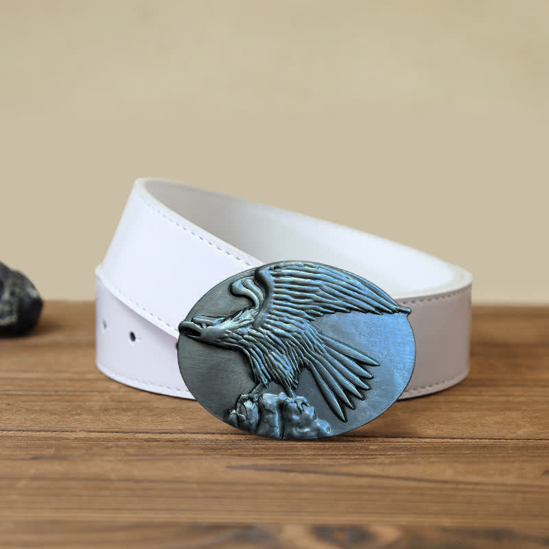 Men's DIY Eagle On Stone Buckle Leather Belt - Silver - White PU Belt (40) - image 8