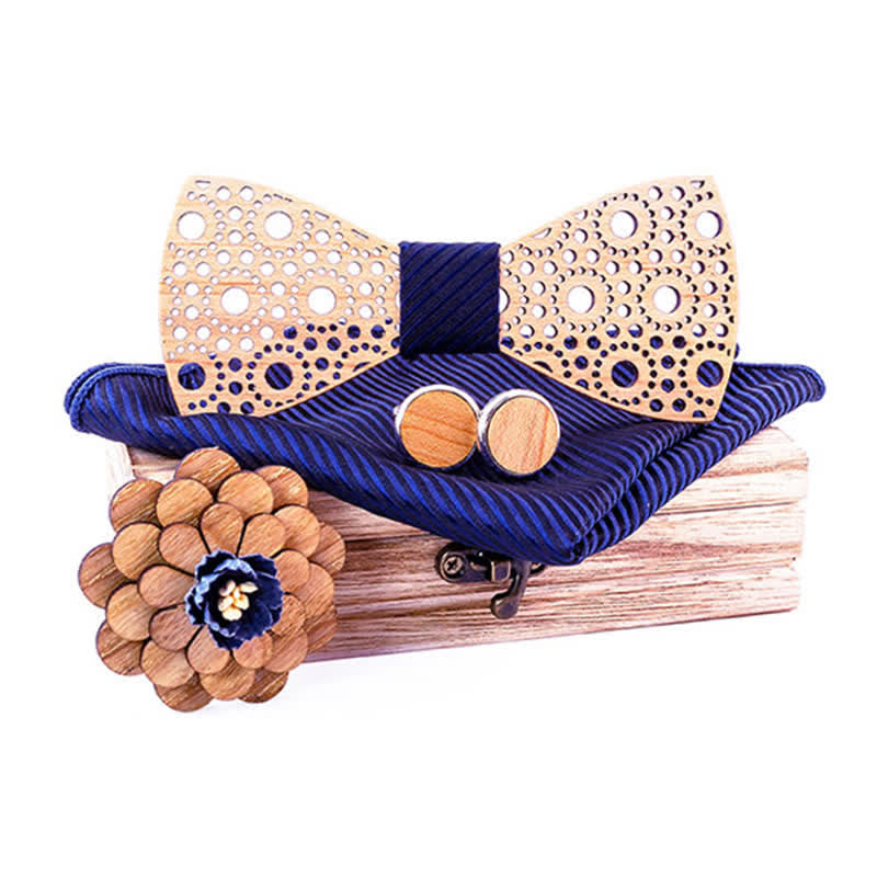 4Pcs Men's Round Hollow Wooden Bow Tie Set - MidnightBlue Striped - image 5