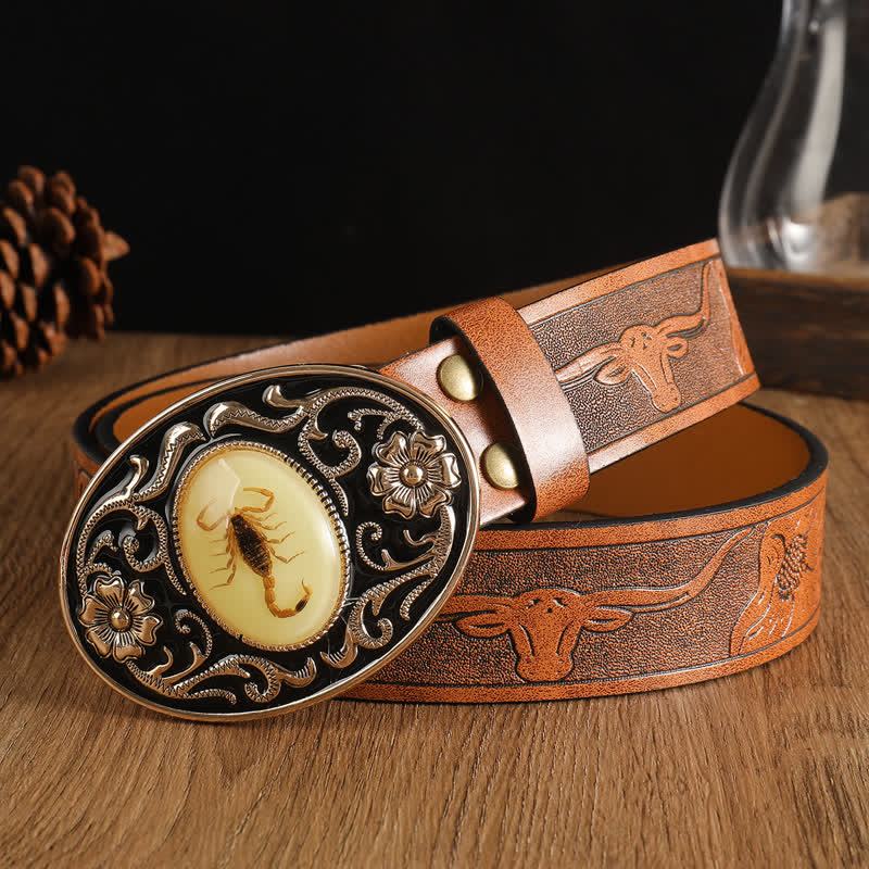 Men's Animal Scorpion Flower Buckle Leather Belt - Brown #3 - 40 - image 8