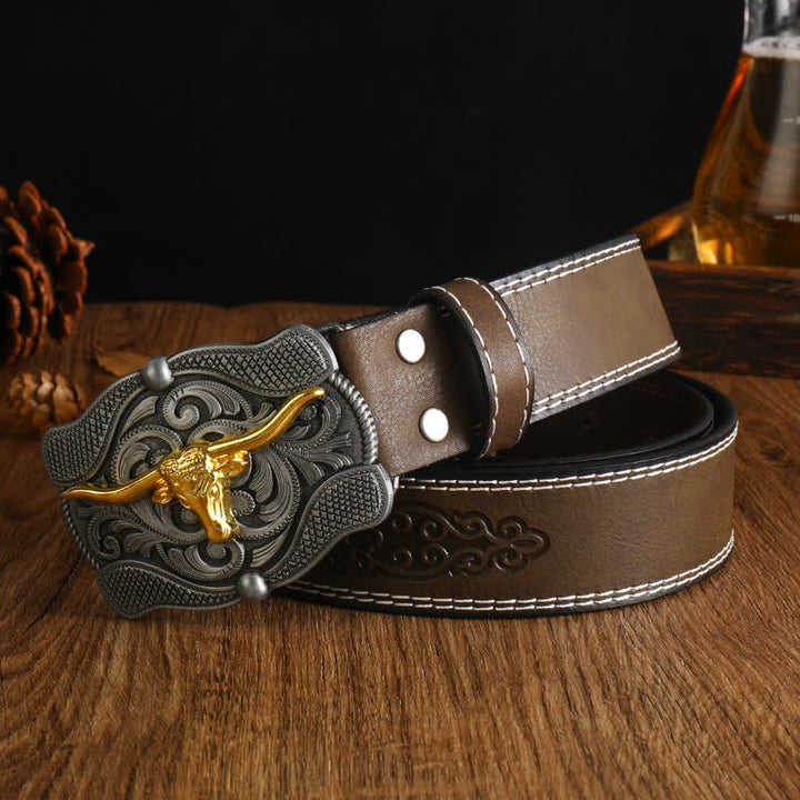 Men's Square Golden Longhorn Bull Leather Belt - Style #8 - 42 - image 15