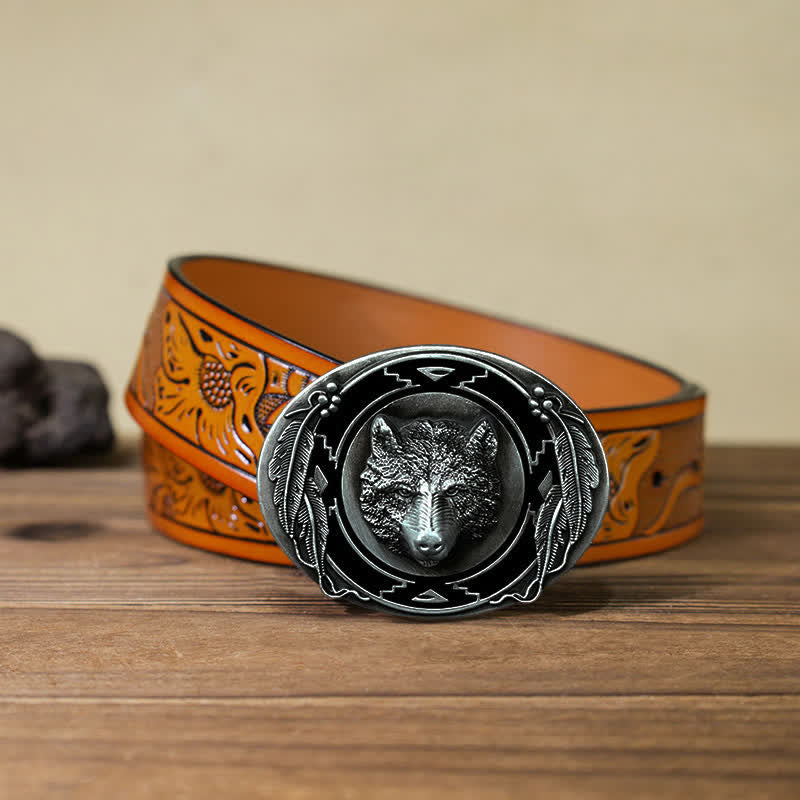 Men's DIY Vivid Wolf Head Buckle Leather Belt - Wolf Head - Orange Carved Belt (40) - image 17