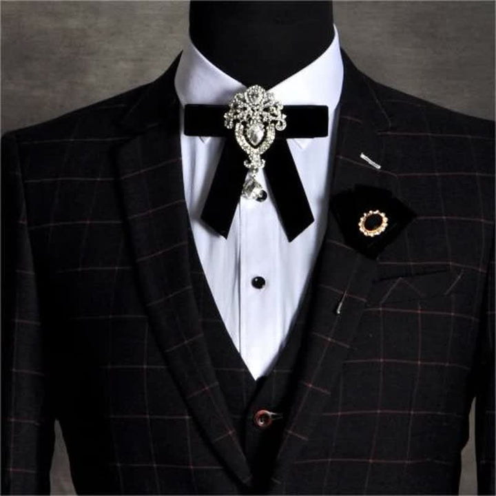 2Pcs Royal Rhinestone Brooch Velvet Bow Tie Set - image 0