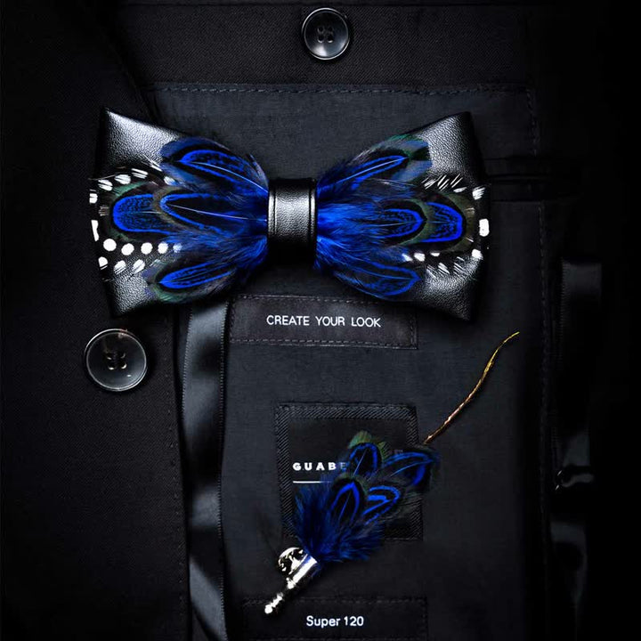 Kid's DarkBlue White Dots Lively Feather Bow Tie with Lapel Pin - Adult - image 3