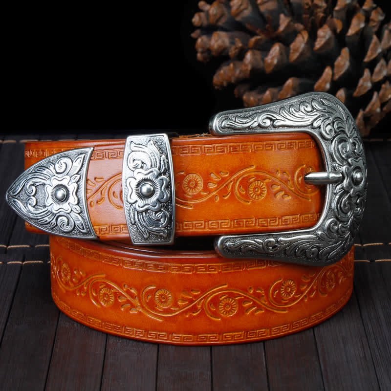 Unisex Rustic Texture Flower Printing Leather Belt - image 15