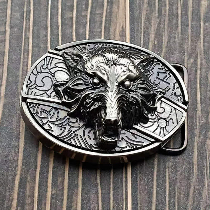 Men's DIY Wolf Head Hidden Folding Knife Leather Belt
