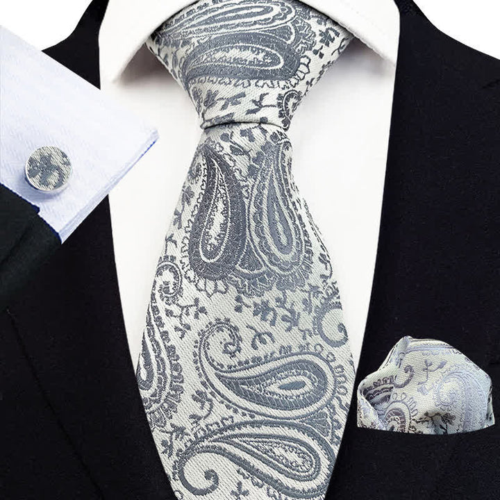 3Pcs Men's Exotic Paisley Necktie Set - Silver #2 - image 16