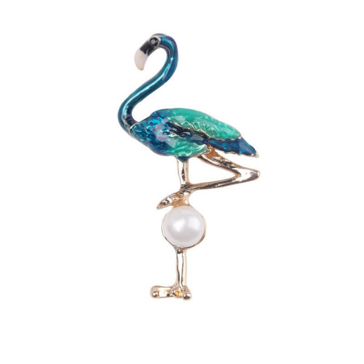 Women's Enameled Flamingo With Pearl Brooch - Blue - image 5