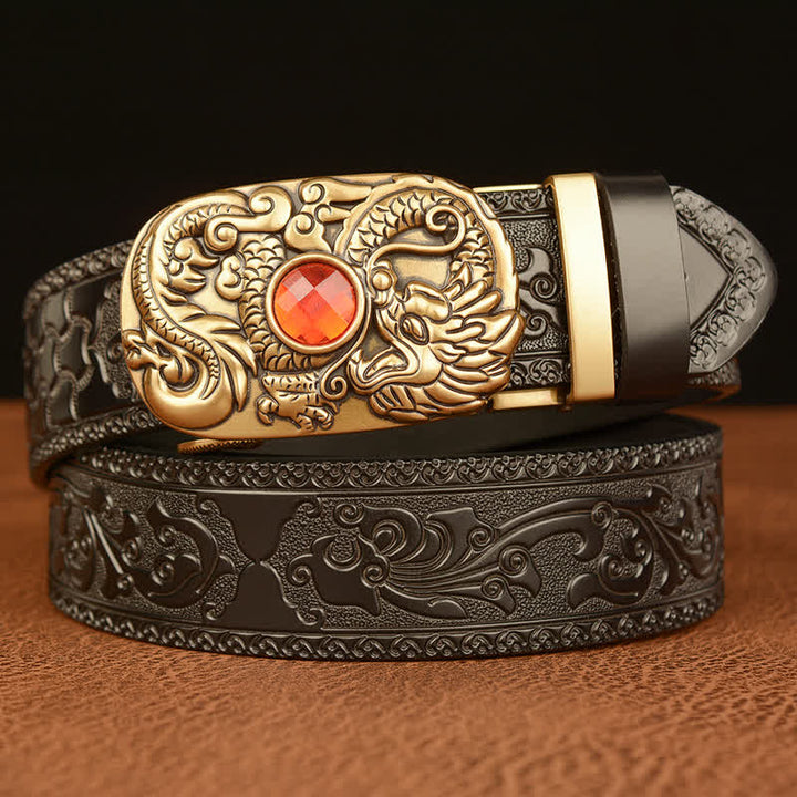 Men's Engraved Dragon Gemstone Leather Belt - Black & Ruby - 46 - image 10