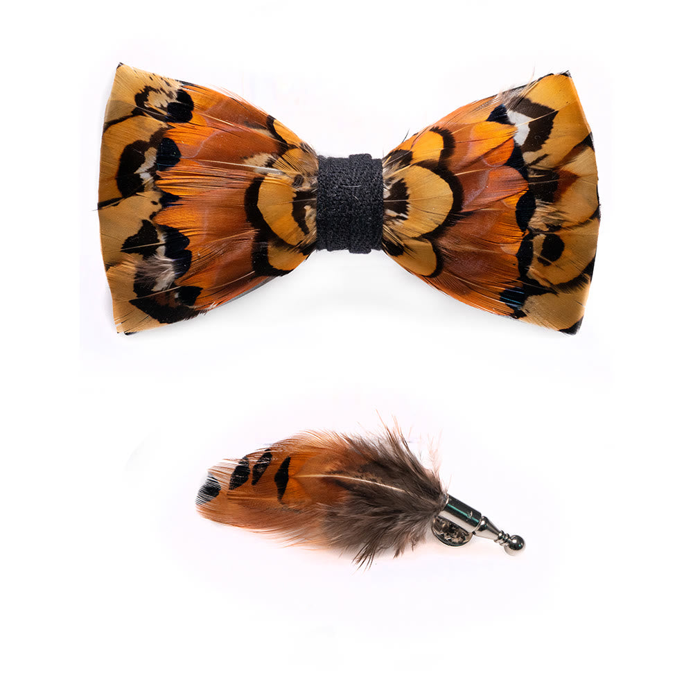 Kid's Beige & Gold Pheasant Feather Bow Tie with Lapel Pin - image 3