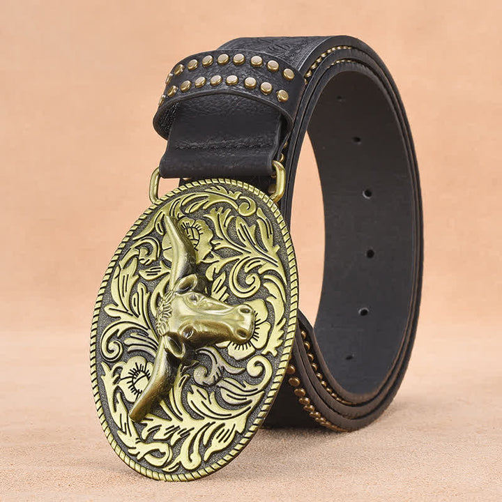 Men's Bull Head Rivet Embossed Leather Belt - Black - 44 - image 7
