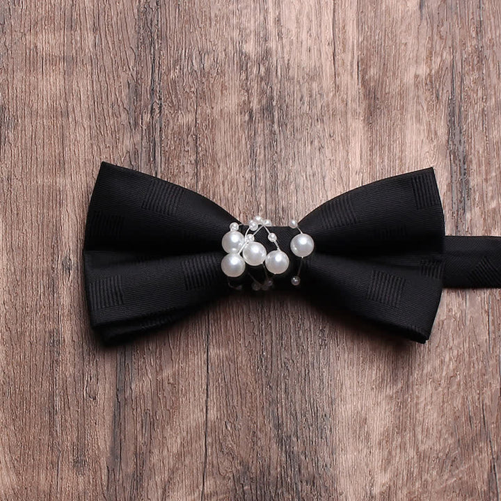 Men's Black Personality Pearls Bow Tie - Solid Black #1 - image 4