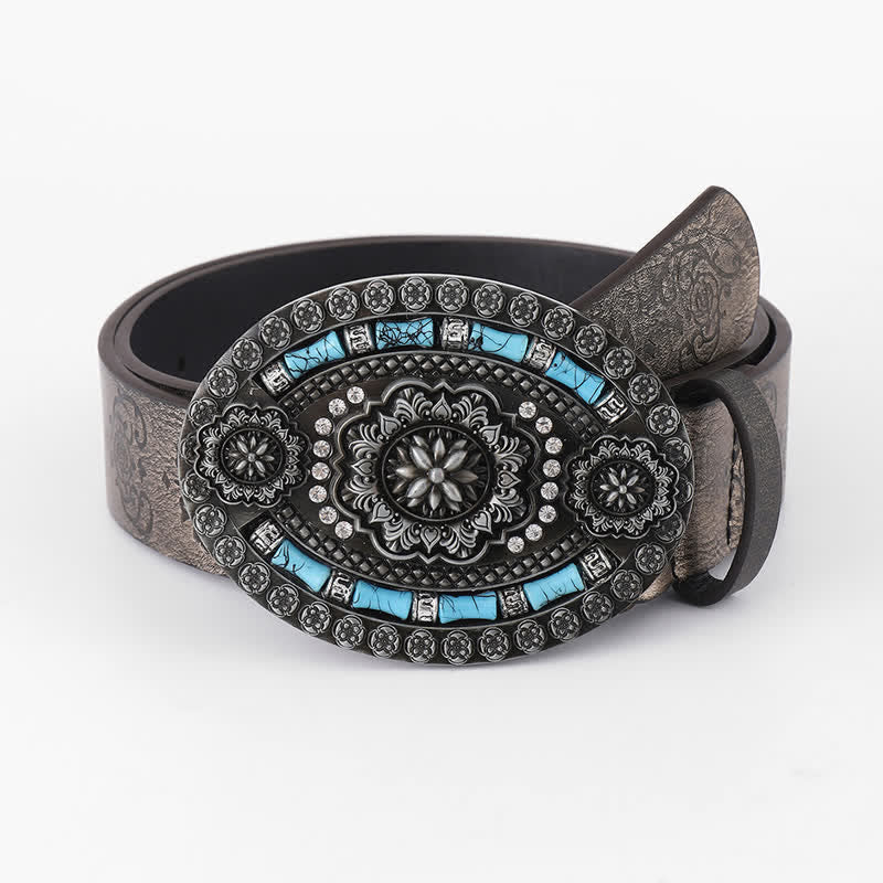 Men's Bohemian Turquoise Decor Floral Leather Belt - Floral - 36 - image 0