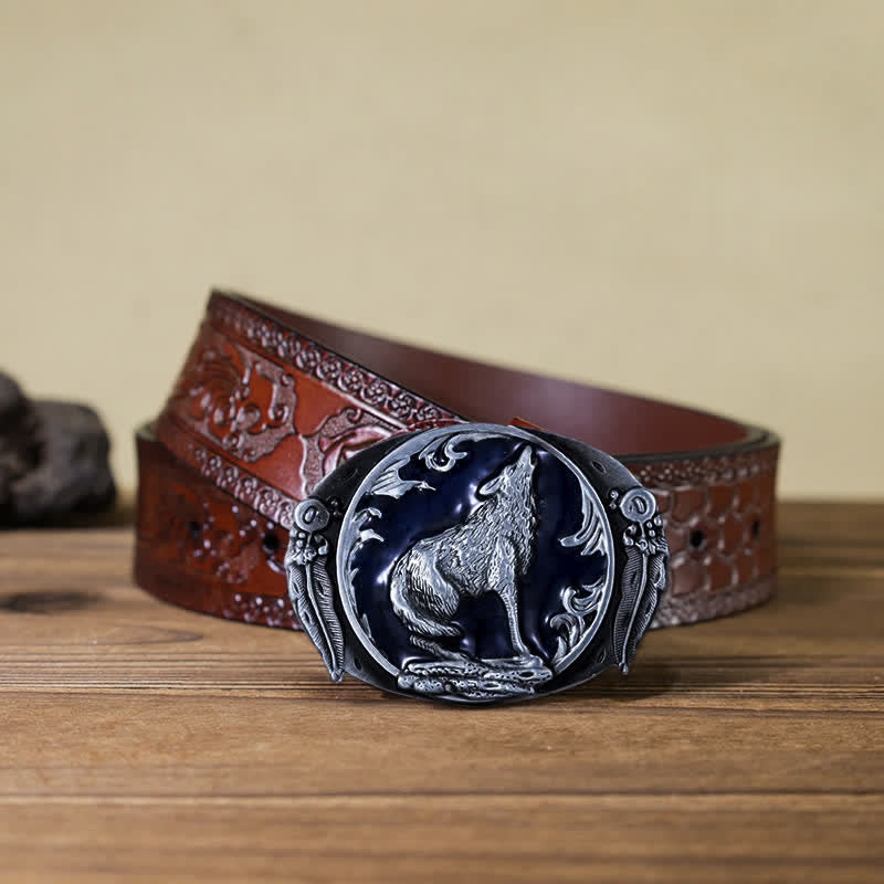 Men's DIY Enamel Domineering Howling Wolf Buckle Leather Belt - Blue - Brown Carved Belt (40) - image 18