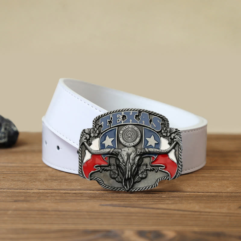 Men's DIY Texas Flag Longhorn Bull Buckle Leather Belt - Bull - White PU Belt (40) - image 6