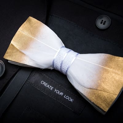 Gold & White Classic Feather Bow Tie with Lapel Pin - image 1