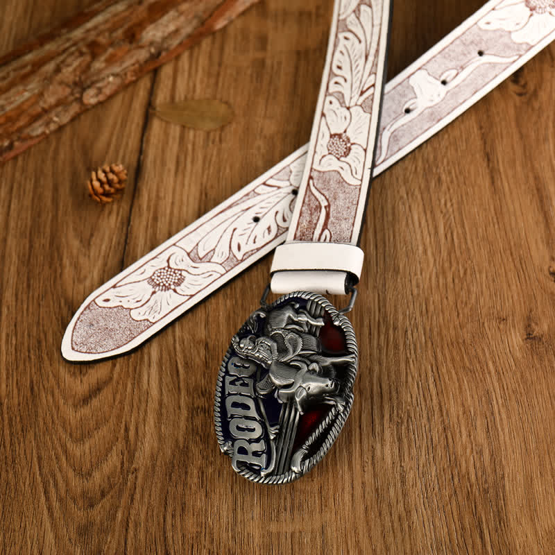 Men's Rodeo Bullfighting White Embossed Leather Belt - image 1