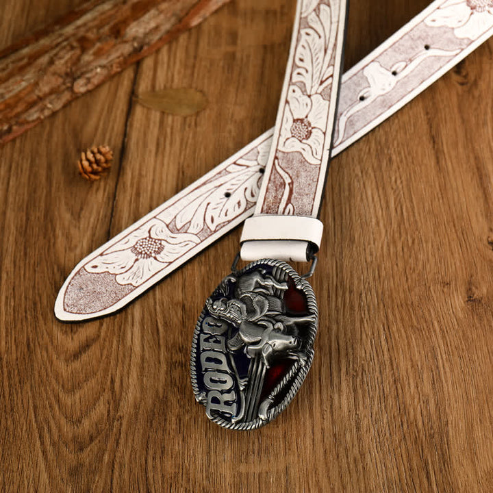 Men's Rodeo Bullfighting White Embossed Leather Belt - image 1