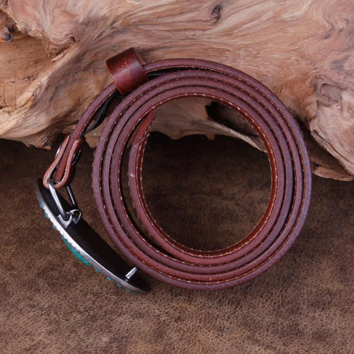 Unisex Carved Rose Turquoise Jade Agate Leather Belt - image 5