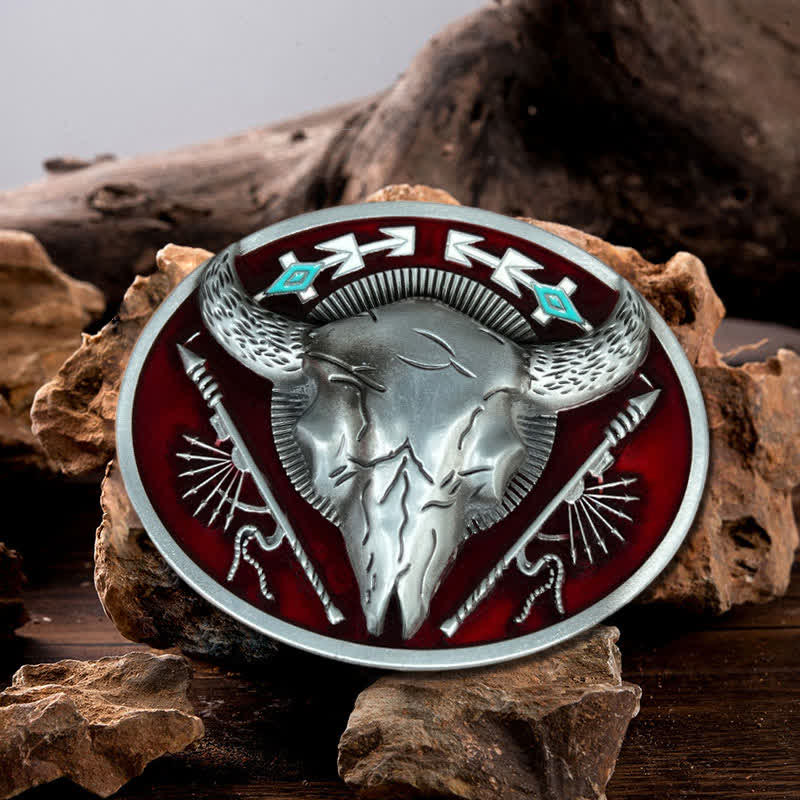 Men's DIY Indian Theme Bull Skull Buckle Leather Belt - Dark Red - Without Belt - image 0