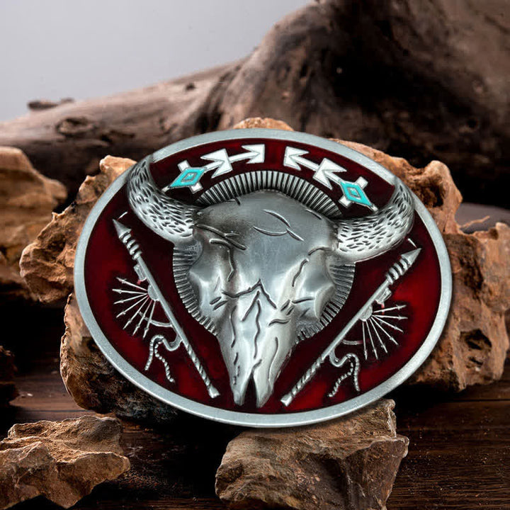 Men's DIY Indian Theme Bull Skull Buckle Leather Belt - Dark Red - Without Belt - image 0