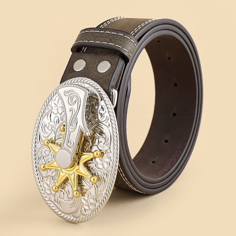 Men's Carved Star & Flower Leather Belt - Coffee - 42 - image 0