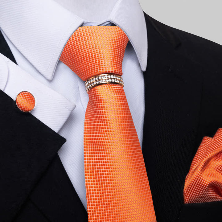 4Pcs Men's Micro-checked Necktie Set With Tie Ring - Orange - image 10