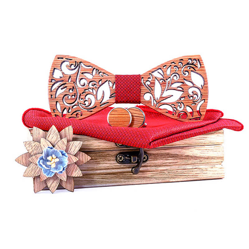4Pcs Men's Plant Hollow Wooden Bow Tie Set - Red - image 7