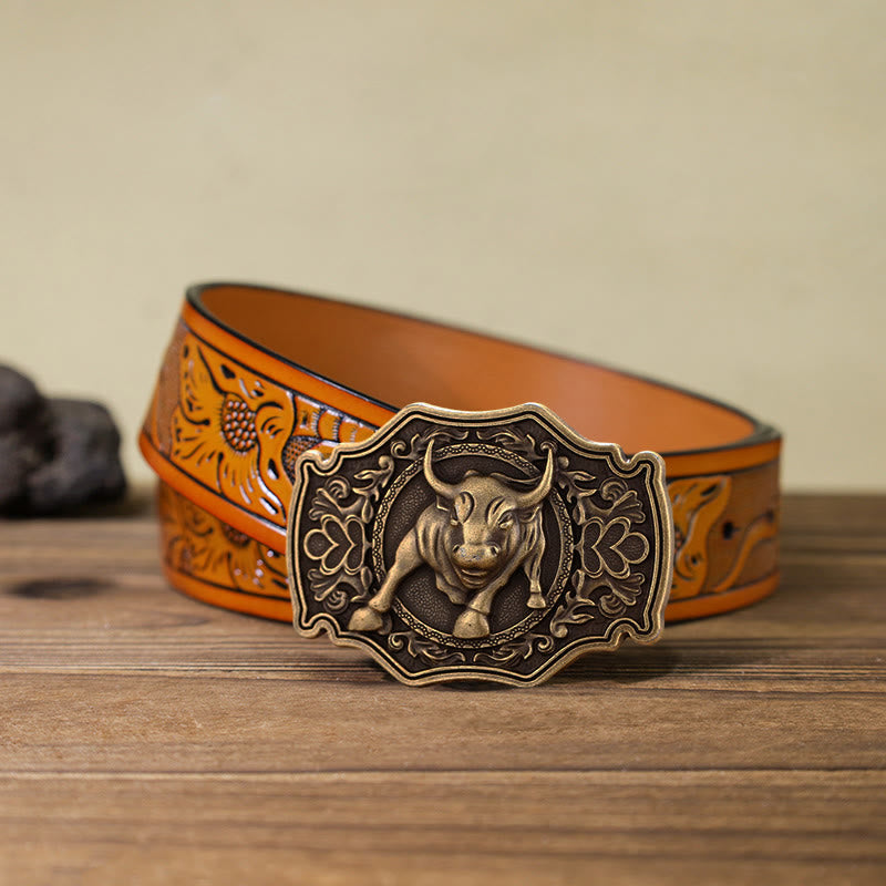 Men's DIY Matador Buckle Leather Belt - Bronze - Orange Carved Belt (40) - image 21