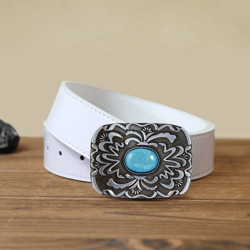 Men's DIY Turquoise Stone Flower Buckle Leather Belt - Turquoise - White PU Belt (40) - image 6