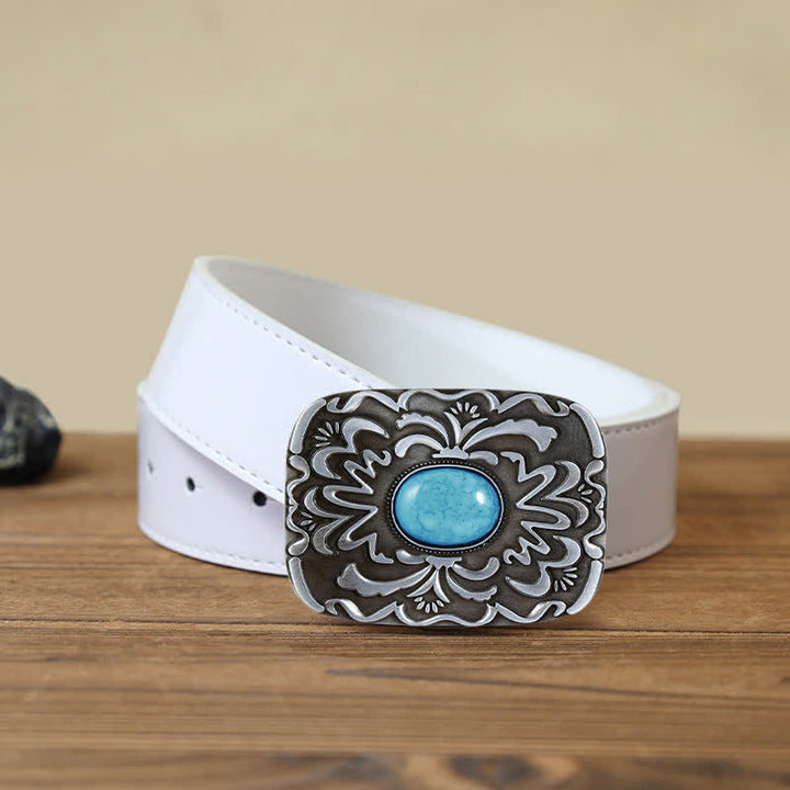 Men's DIY Turquoise Stone Flower Buckle Leather Belt - Turquoise - White PU Belt (40) - image 6