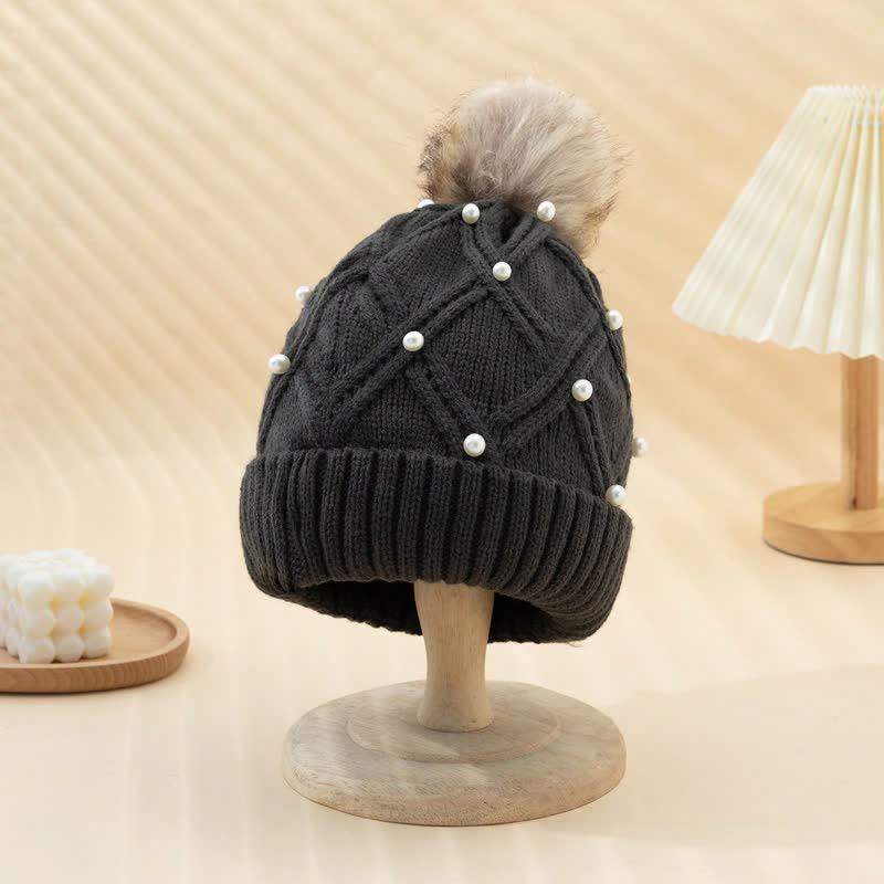 Women's Cute Pearls Deor Pompoms Stretchy Knitted Hat - Dark Gray - Adjustable (21 5/8"-23 5/8") - image 12