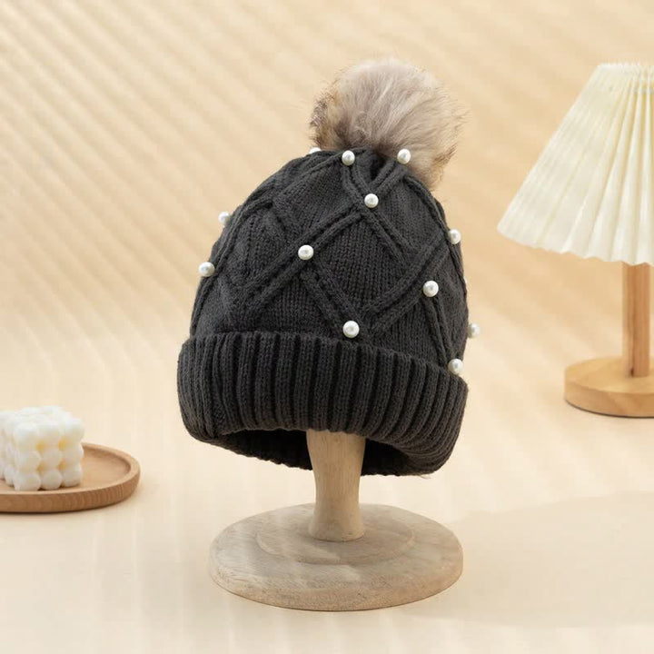 Women's Cute Pearls Deor Pompoms Stretchy Knitted Hat - Dark Gray - Adjustable (21 5/8"-23 5/8") - image 12