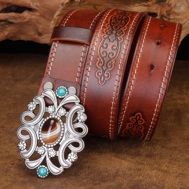 Unisex Agate Stone Turquoise Hollow Flower Leather Belt - image 2