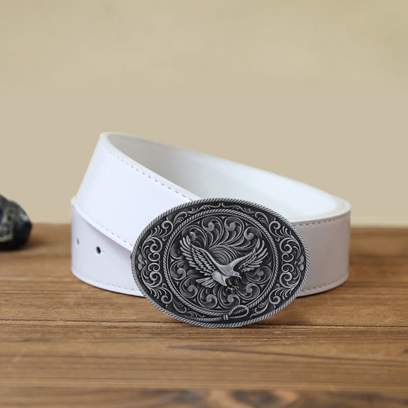 Men's DIY Soaring Eagle Engraved Floral Buckle Leather Belt - Antique Silver - White PU Belt (40) - image 7