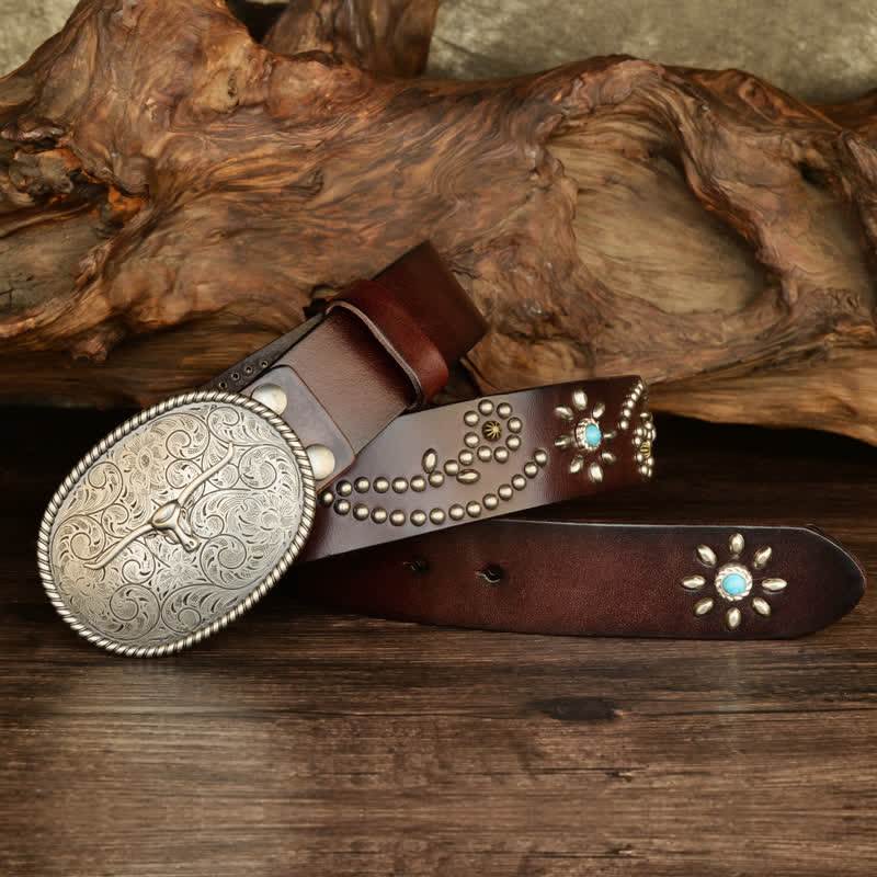 Men's Punk Rivet Longhorn Bull Turquoise Real Leather Belt - image 8