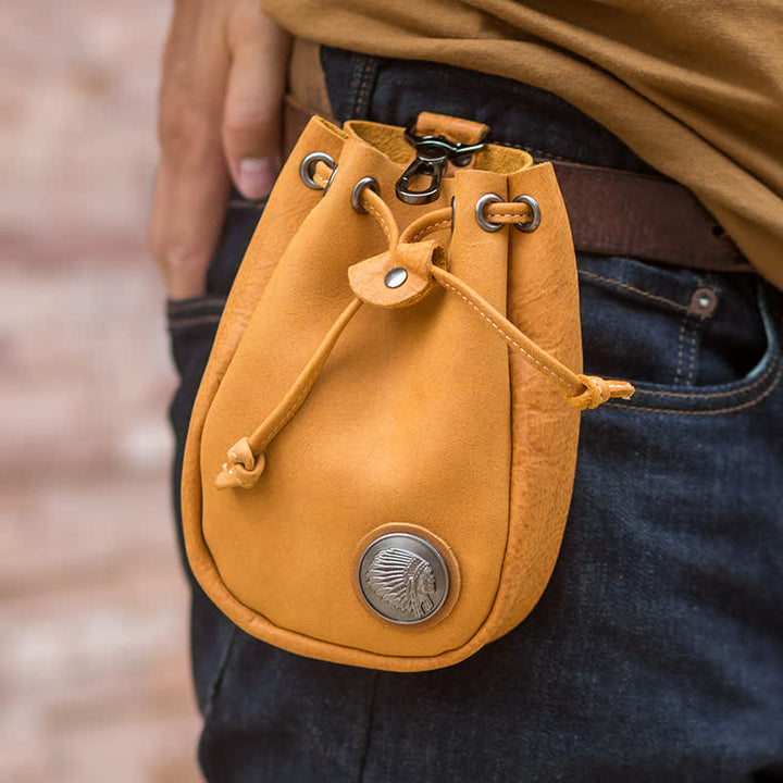 Small Wallet Coin Purse Drawstring Leather Belt Bag - Yellow - image 12