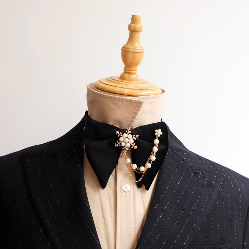 Men's Snowflake Pearl Chain Velvet Bow Tie Pocket Square