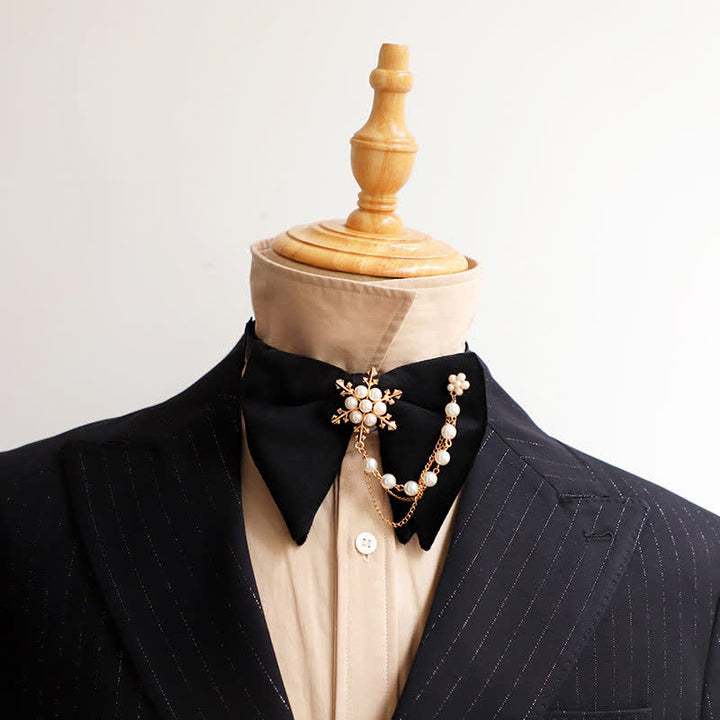 Men's Snowflake Pearl Chain Velvet Bow Tie Pocket Square