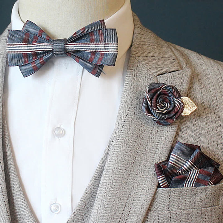 3Pcs Men's Horizon Striped Plaid Bow Tie Set - Plain - Navy - image 3