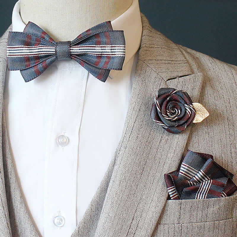 3Pcs Men's Horizon Striped Plaid Bow Tie Set - Plain - Navy - image 3