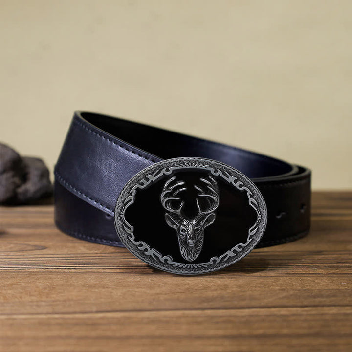 Men's DIY Black Deer Head Buckle Leather Belt - Deer - Black PU Belt (40) - image 3