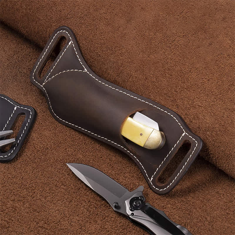 Curve Folding Knife Carrier Leather Sheath Belt Bag - Brown - image 2