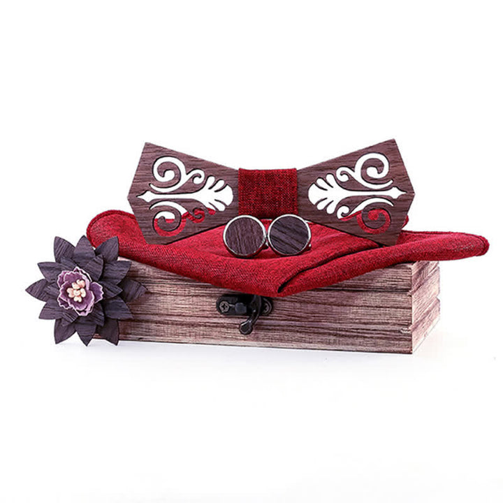 4Pcs Men's Hollow Flower Pattern Wooden Bow Tie Set - Red - image 8