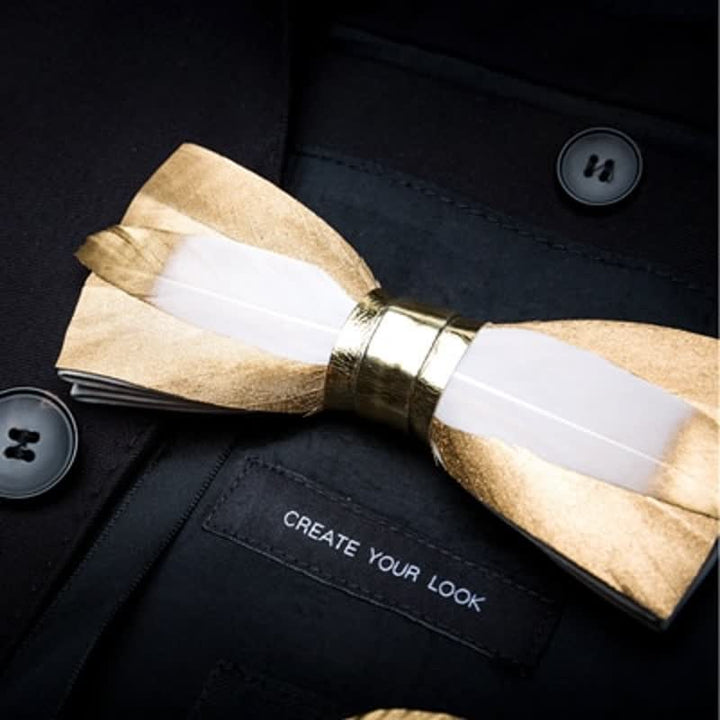 Kid's Gold & White Butterscotch Feather Bow Tie with Lapel Pin - image 1