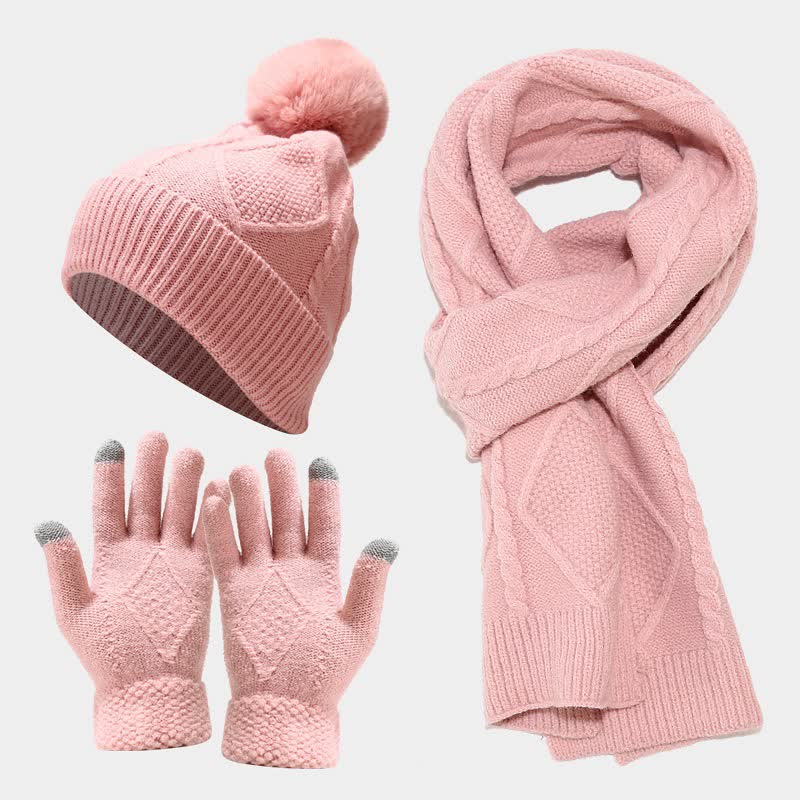 3Pcs Women's Diamond Poms Beanie Hat Scarf Gloves Set - Pink - Adjustable - image 12