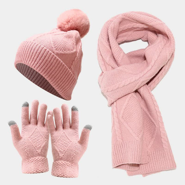 3Pcs Women's Diamond Poms Beanie Hat Scarf Gloves Set - Pink - Adjustable - image 12