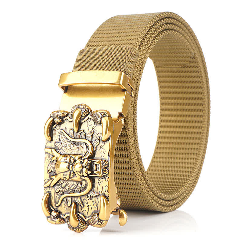 Men's Casual Dragon Decor Nylon Belt - Khaki / Gold - 48" - image 18